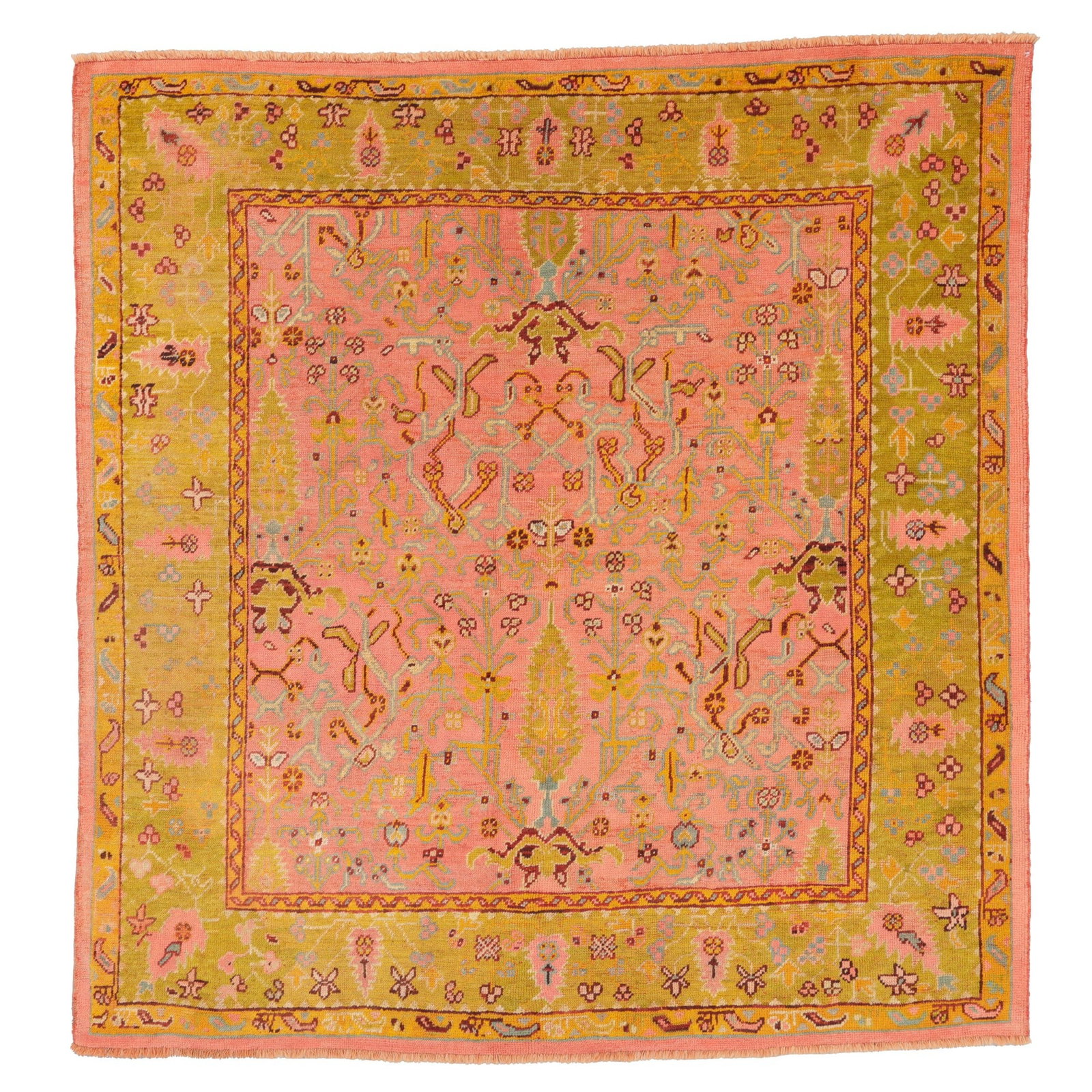 6' 7" x 6' 11" Antique Square Turkish Oushak Rug Pink Chartreuse (1 of 7)