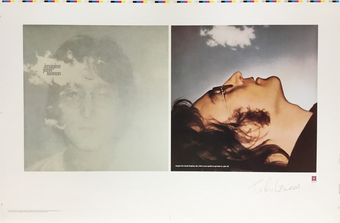 John Lennon Imagine Uncut Facsimile Signed Lithograph Album Cover Art: John Lennon Imagine Uncut Facsimile Signed Lithograph Album Cover Art This stunning uncut lithograph features the iconic album cover art of John Lennon's "Imagine." Measuring 23" x 35" with a paper si