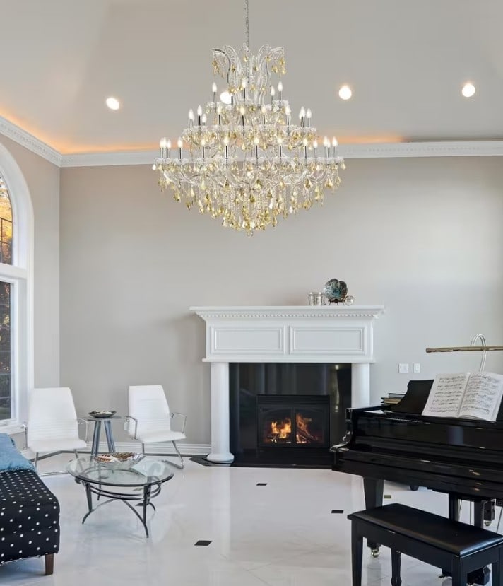 Maria Theresa 41 Light Chrome Crystal Foyer Chandelier 52 inch: Maria Theresa 41 Light Chrome Crystal Foyer Chandelier 52 inch This large Maria Theresa style chandelier features a stunning combination of chrome plating and golden teak K9-cut crystals, creating an 