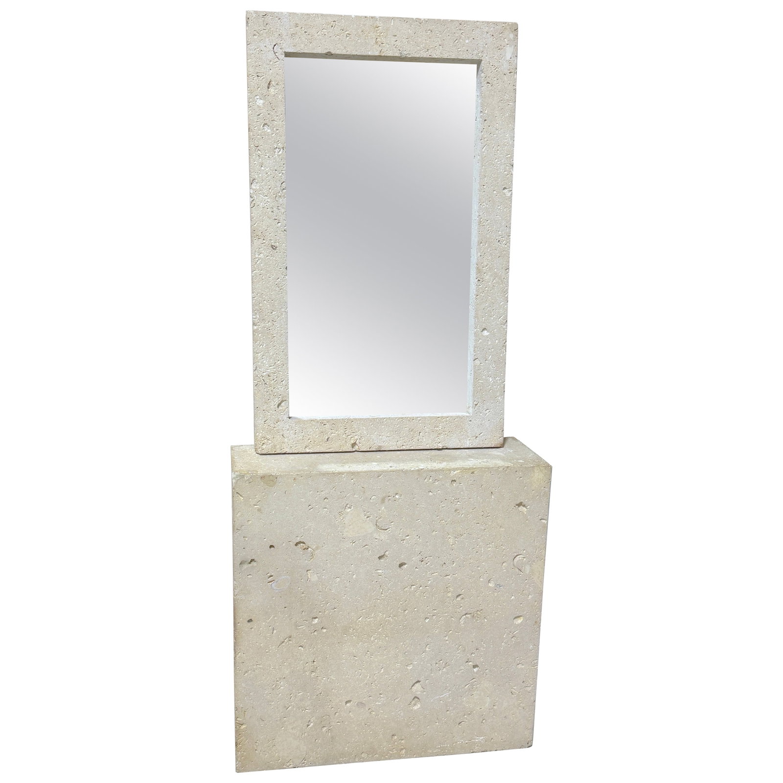 Set of 2 Mid-Century Modern Coquina Stone Mirror and Console Table: Set of 2 Mid-Century Modern Coquina Stone Mirror and Console Table This mid-century minimalist set includes a natural coral coquina stone mirror and a matching console, crafted in the United States ci