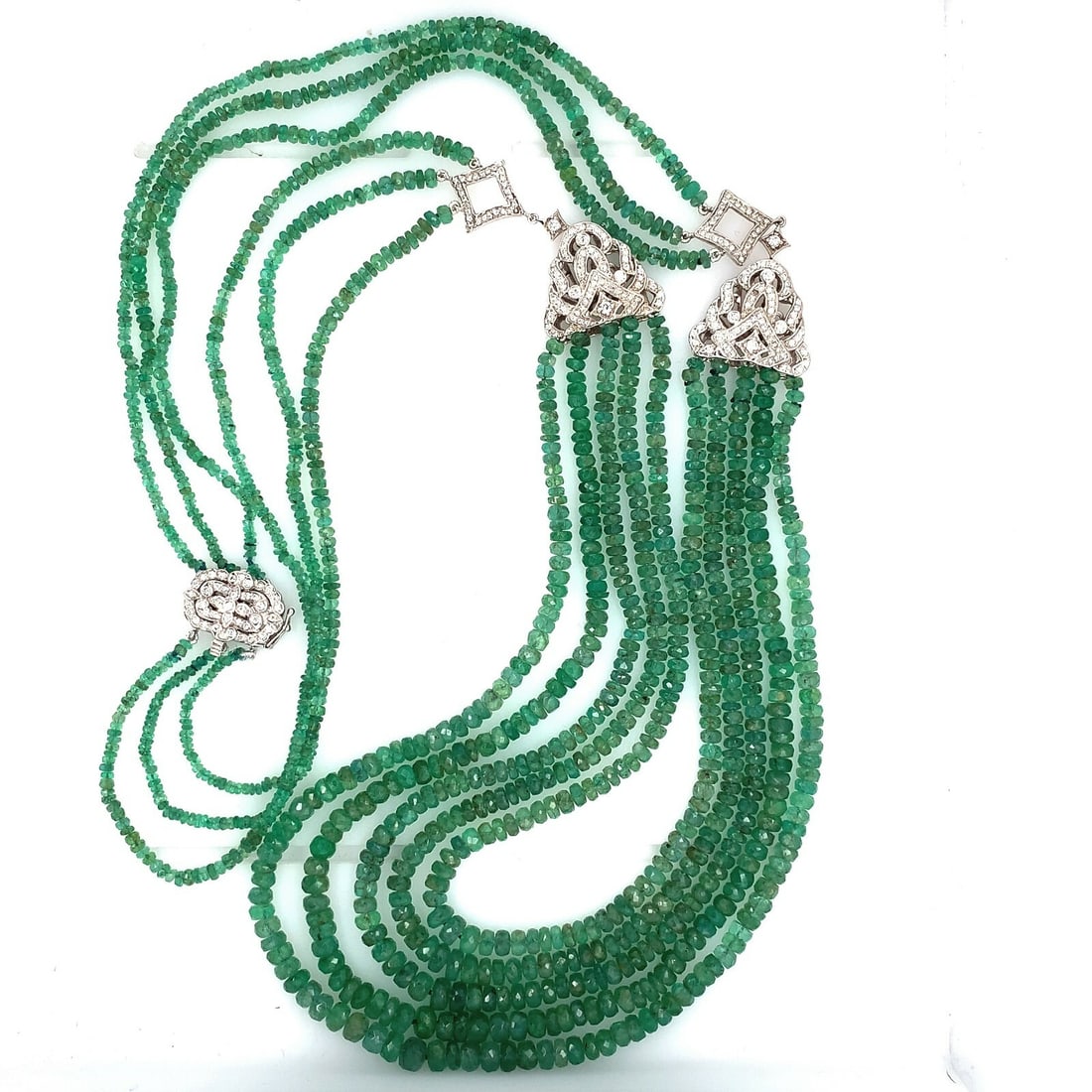14k White Gold Multi Strand 300 Carat Natural Emerald Necklace with Diamonds: 14k White Gold Multi Strand 300 Carat Natural Emerald Necklace with Diamonds This exquisite multi-strand necklace features 300 carats of genuine natural emerald beads, elegantly complemented by 14k wh