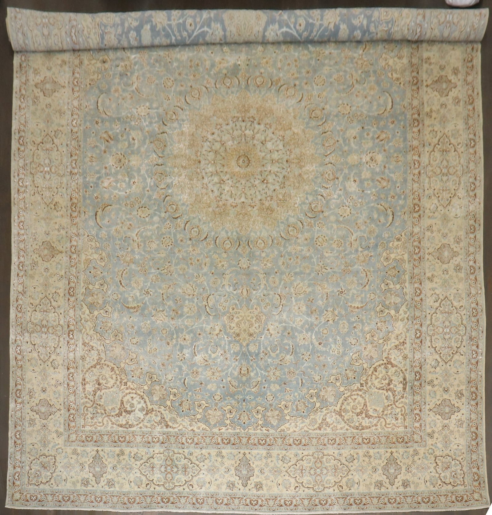 12' 7" x 19' 7" Persian Nain Oversize Carpet Blue Yellow: 12' 7" x 19' 7" Persian Nain Oversize Carpet Blue Yellow A formal Persian Nain carpet from the 1930s featuring a light blue and yellow color palette. This pre-owned oversize rug offers a classic desig