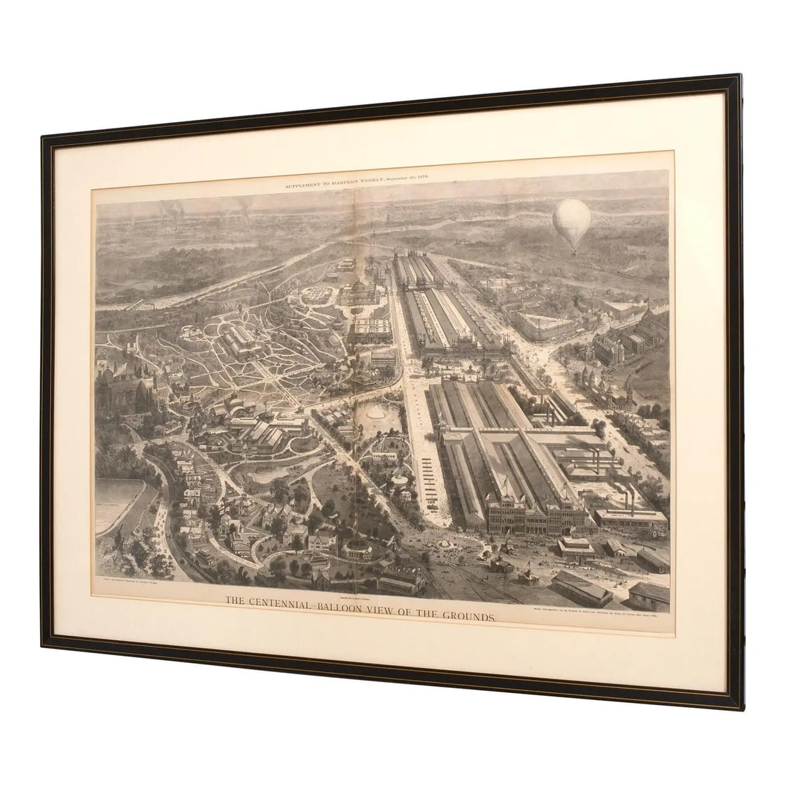 Harpers Weekly 1876 Framed Engraving Balloon View Print: Harpers Weekly 1876 Framed Engraving Balloon View Print This stunning large framed engraving print from Harpers Weekly, dated September 30th, 1876, features a beautiful depiction of the Centennial Bal