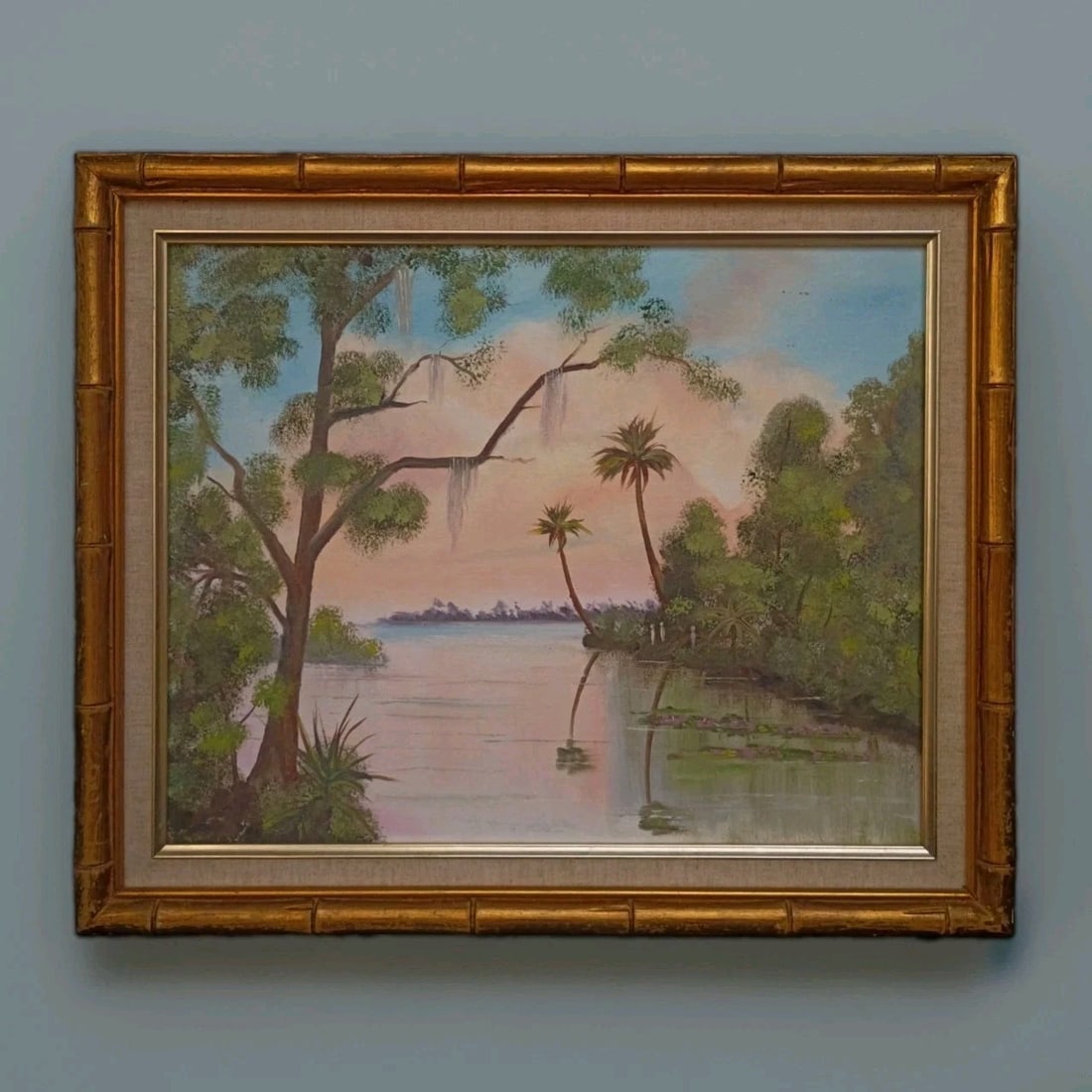 Framed 16 x 20 Florida landscape oil painting Highwaymen style Greg: Framed 16 x 20 Florida landscape oil painting Highwaymen style Greg Vintage framed oil painting depicting a Florida landscape in the Highwaymen style. This one-of-a-kind handmade piece is executed on 