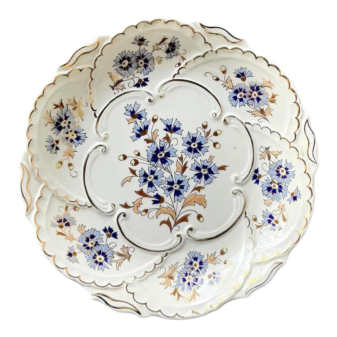 Hungarian Porcelain Plate with Gilt Accents and Hand-Painted Floral Design: Hungarian Porcelain Plate with Gilt Accents and Hand-Painted Floral Design This vintage Hungarian porcelain serving plate features a scalloped rim and relief scrollwork, highlighted by hand-painted fl
