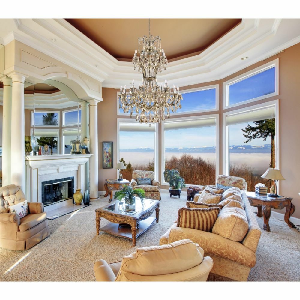 Maria Theresa 36-Light Golden Teak Foyer Chandelier 64 Inch: Maria Theresa 36-Light Golden Teak Foyer Chandelier 64 Inch This large Maria Theresa chandelier features a striking golden teak frame adorned with golden teak royal cut crystals and clear crystal acce