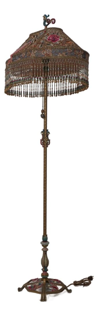 1930s Silk Metal Floor Lamp Peacock Shade (1 of 10)