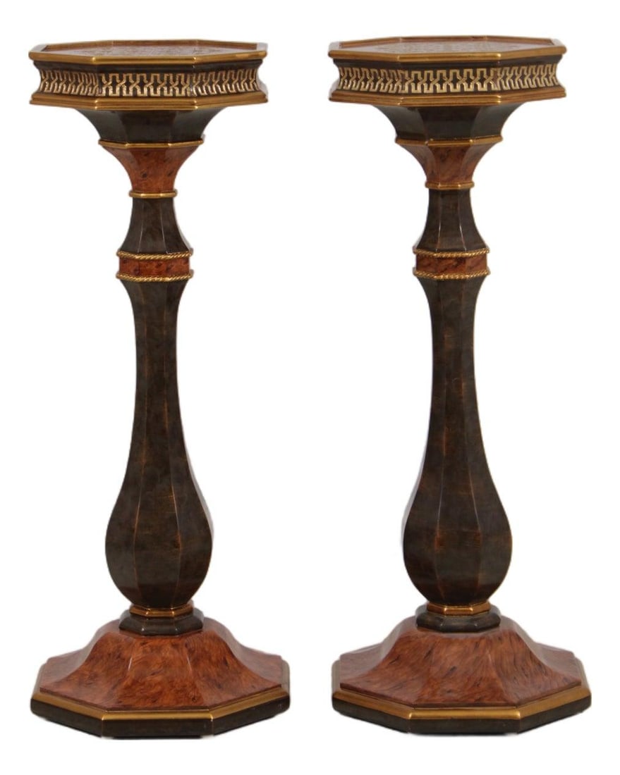 Pair of Regency Empire Burlwood Pedestal Stands Black Gold 46.5h (1 of 10)