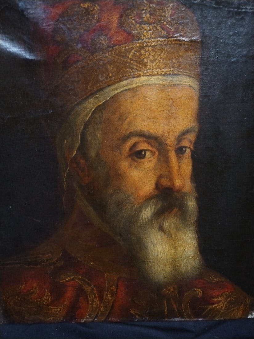 Framed Venetian Old Master Portrait of Marino Grimani Oil on Canvas: Framed Venetian Old Master Portrait of Marino Grimani Oil on Canvas Original oil painting on canvas depicting Marino Grimani, the 89th Doge of Venice, presented in a hand-carved wooden Baroque period 