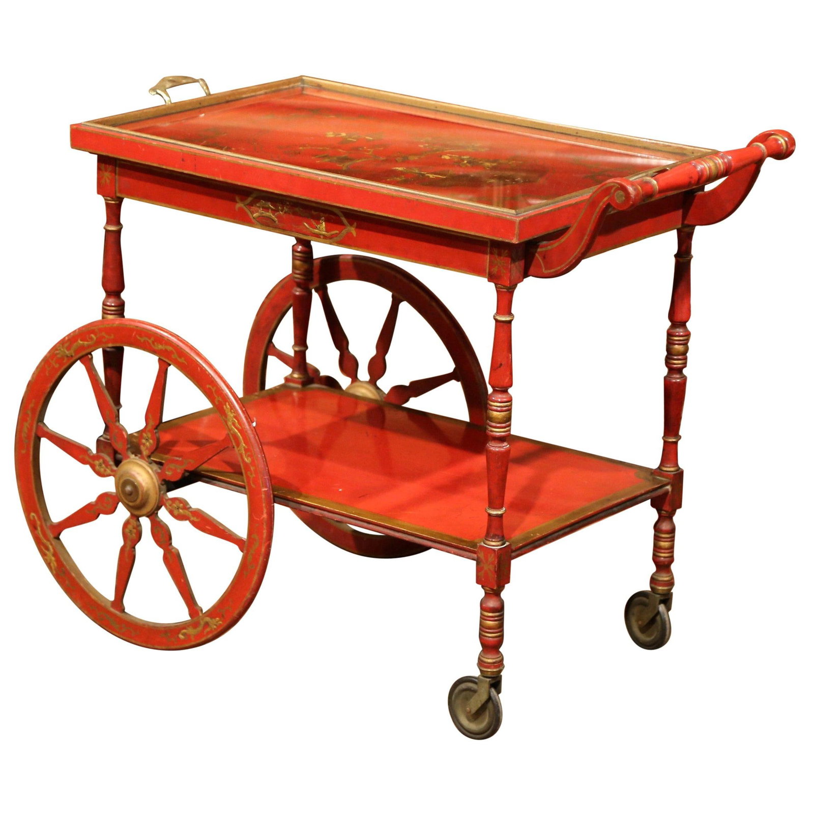 French Chinoiserie Red Lacquer Bar Cart With Gilt Motifs Circa 1920: French Chinoiserie Red Lacquer Bar Cart With Gilt Motifs Circa 1920 This early 20th-century French bar cart features a vibrant red lacquer finish adorned with hand-painted gilt chinoiserie motifs, inc