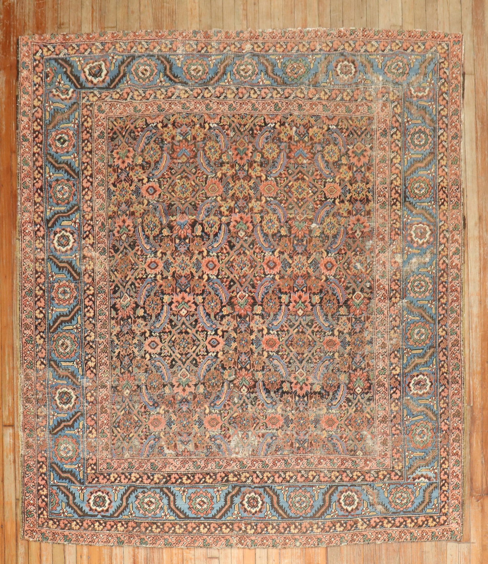7' 1" x 8' Persian Bakshaish square rug: 7' 1" x 8' Persian Bakshaish square rug Early 20th century Persian Bakshaish square carpet with a worn appearance. This pre-owned piece is identified as a Bakshaish carpet and categorized as shabby ch