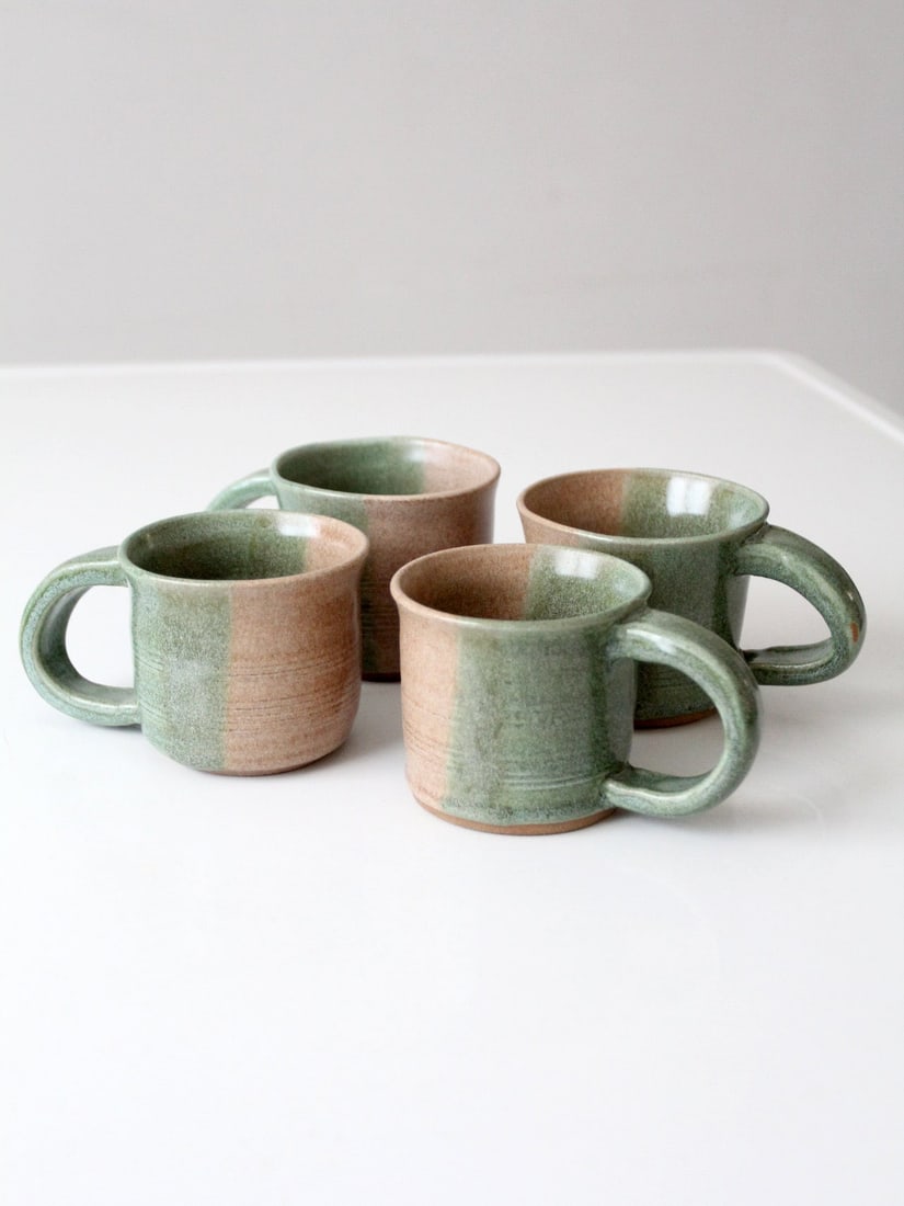 4 Handmade Studio Pottery Mugs in Green and Tan Glaze Set Of 4 (1 of 14)