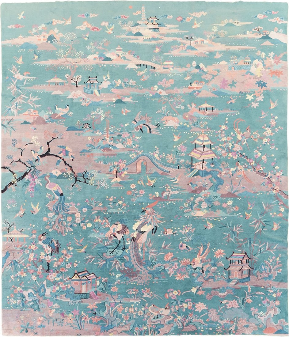 12' 6" x 14' 10" Chinese Art Deco Pictorial Carpet Turqoise Field (1 of 7)