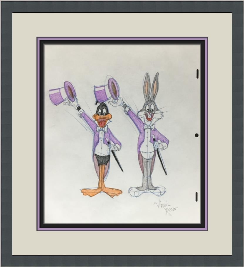 Virgil Ross Signed Daffy Duck Bugs Bunny Model Sheet Framed Artwork: Virgil Ross Signed Daffy Duck Bugs Bunny Model Sheet Framed Artwork This original model sheet drawing featuring iconic characters Daffy Duck and Bugs Bunny is a remarkable piece of animation history. 