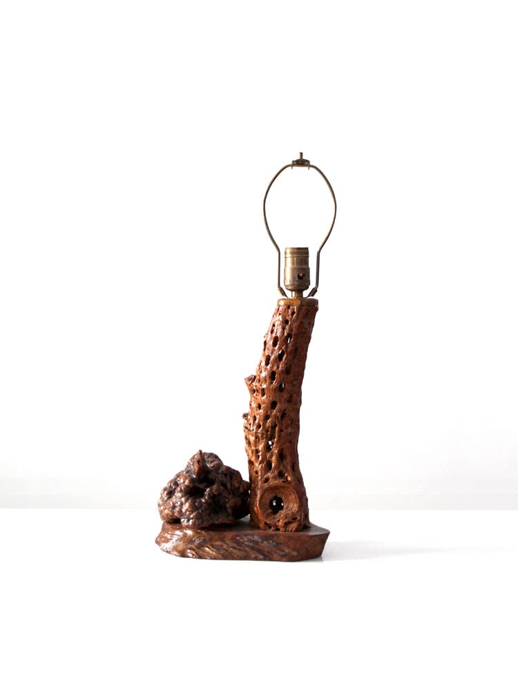 Organic Burl Wood Table Lamp Mid Century Modern: Organic Burl Wood Table Lamp Mid Century Modern A striking mid-century table lamp featuring a naturally perforated wood trunk and dramatic burl formation mounted on a freeform base. The sculptural sil