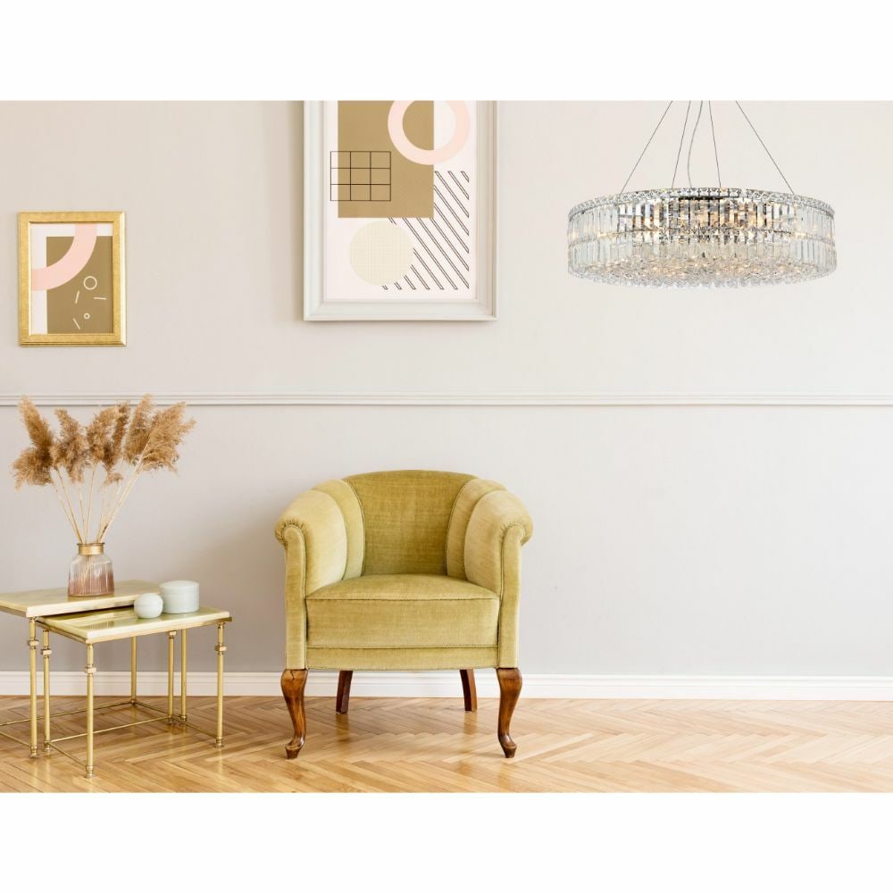 18 Light Chrome Crystal Chandelier 32 Inch Maxime: 18 Light Chrome Crystal Chandelier 32 Inch Maxime This modern crystal chandelier features 18 lights and is designed for use over kitchen islands or dining areas. It has a polished chrome finish and is