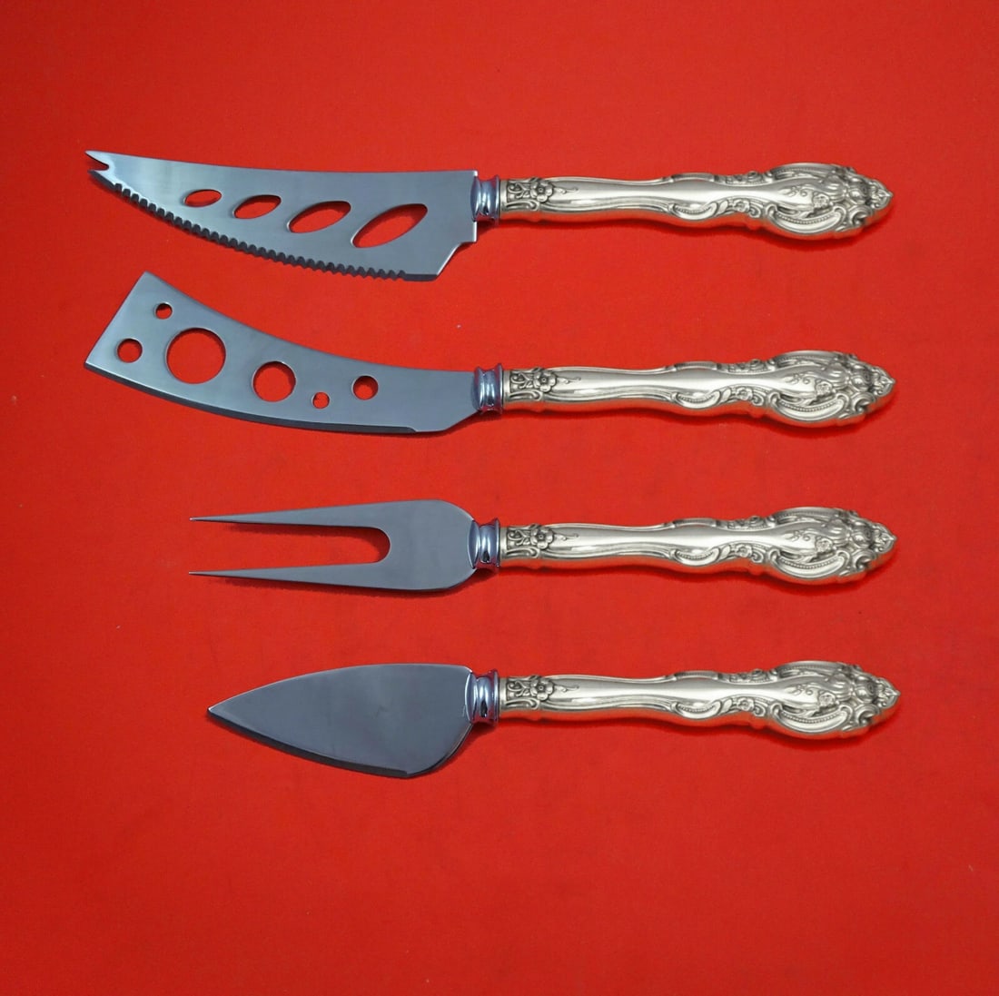 Gorham La Scala Sterling Silver 4pc Deluxe Charcuterie Set: Gorham La Scala Sterling Silver 4pc Deluxe Charcuterie Set Introducing the La Scala by Gorham Deluxe Charcuterie Set, a stunning 4-piece hostess set crafted from high-quality sterling silver with stai