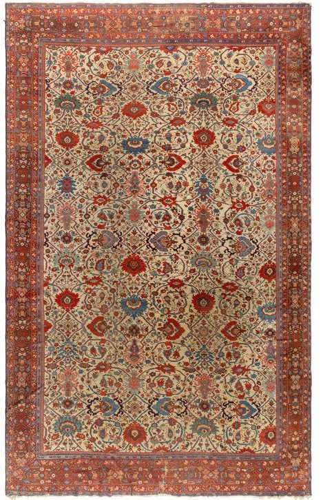 13' x 17' Antique Persian Mahal Carpet Ivory Field: 13' x 17' Antique Persian Mahal Carpet Ivory Field Early 20th century Persian Mahal carpet with an ivory field in an oversize format. This pre-owned antique carpet is identified as a Sultanabad/Mahal 