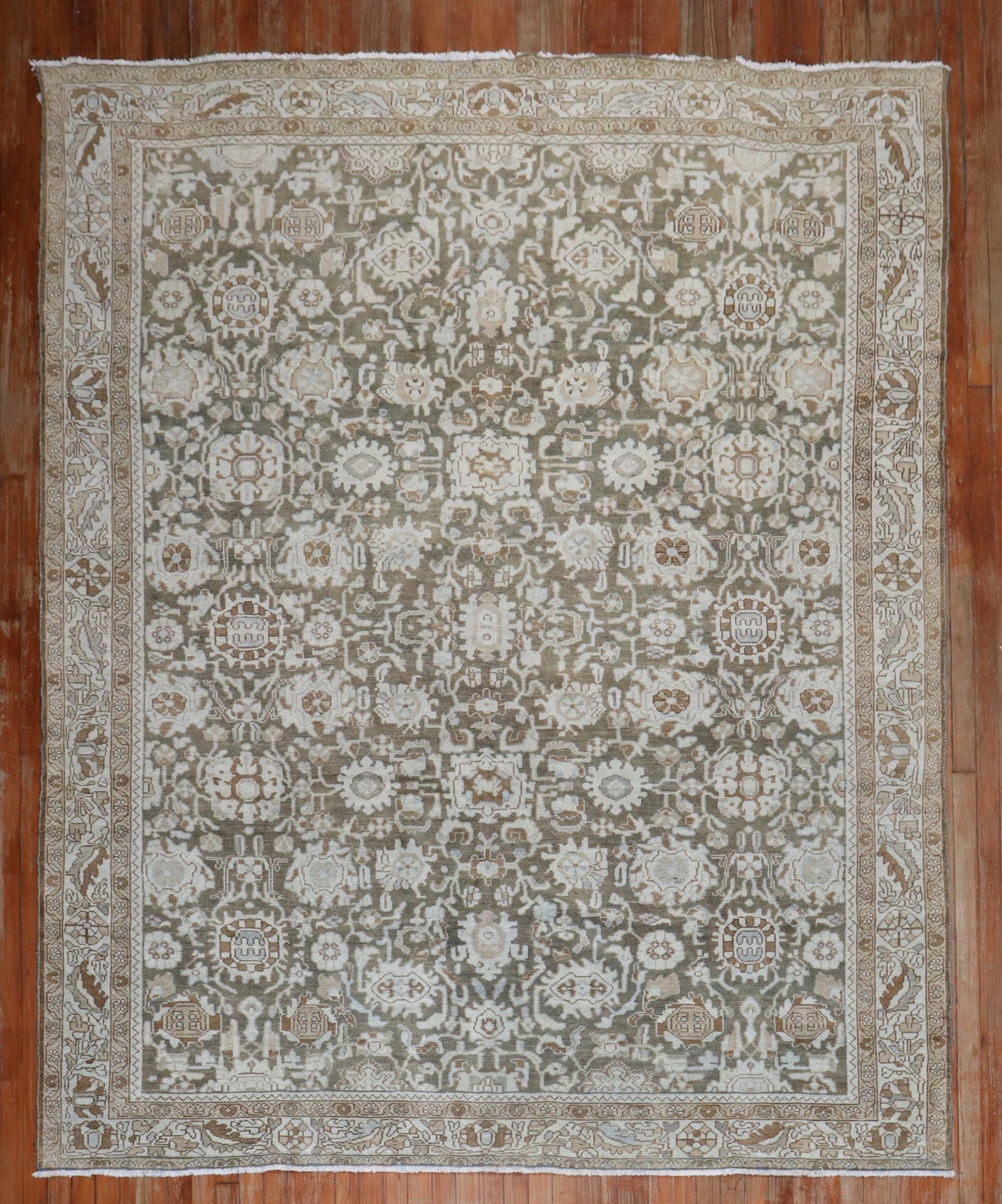 7' 3" x 9' 6" Persian Malayer Room Rug Green Brown: 7' 3" x 9' 6" Persian Malayer Room Rug Green Brown Vintage Persian Malayer rug from the 1920s in a green and brown color palette. This pre-owned room-size rug offers the classic character of a Malayer