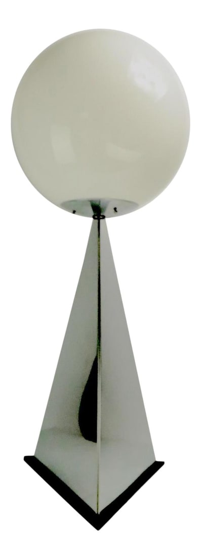 Jere Chrome and Glass Ball Lamp 1971 Art Deco Revival: Jere Chrome and Glass Ball Lamp 1971 Art Deco Revival This striking chrome and glass table lamp by Jere is a rare find, signed and dated 1971. Featuring a distinctive triangular design topped with a l