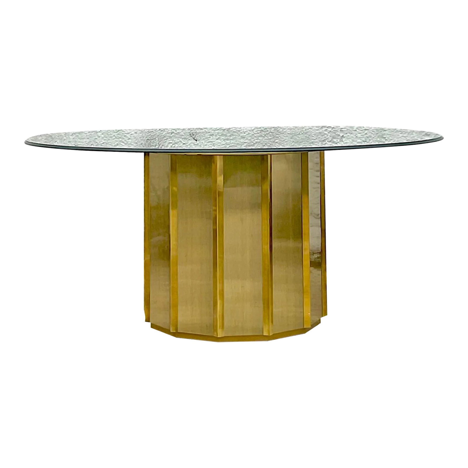 Vintage MCM Dining Table After Bernard Rohne Mastercraft Brass Glass: Vintage MCM Dining Table After Bernard Rohne Mastercraft Brass Glass This exquisite mid-20th century dining table is inspired by the iconic designs of Bernard Rohne for Mastercraft. Featuring a chic f