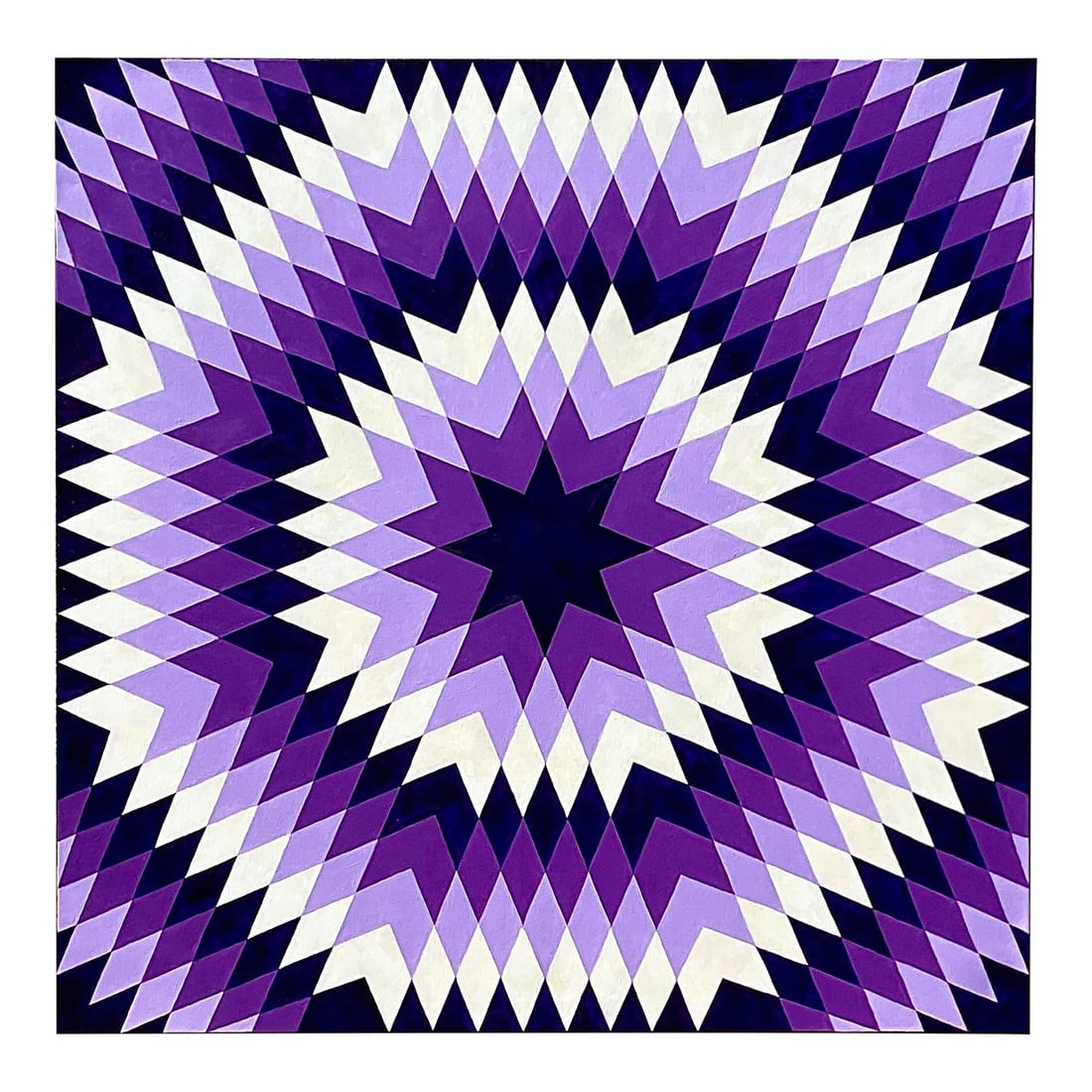1969 Vintage Op Art Geometric Signed Original Oil Painting Amethyst: 1969 Vintage Op Art Geometric Signed Original Oil Painting Amethyst This stunning vintage original oil painting from 1969 showcases a captivating Op Art design with geometric patterns. The artwork, fe