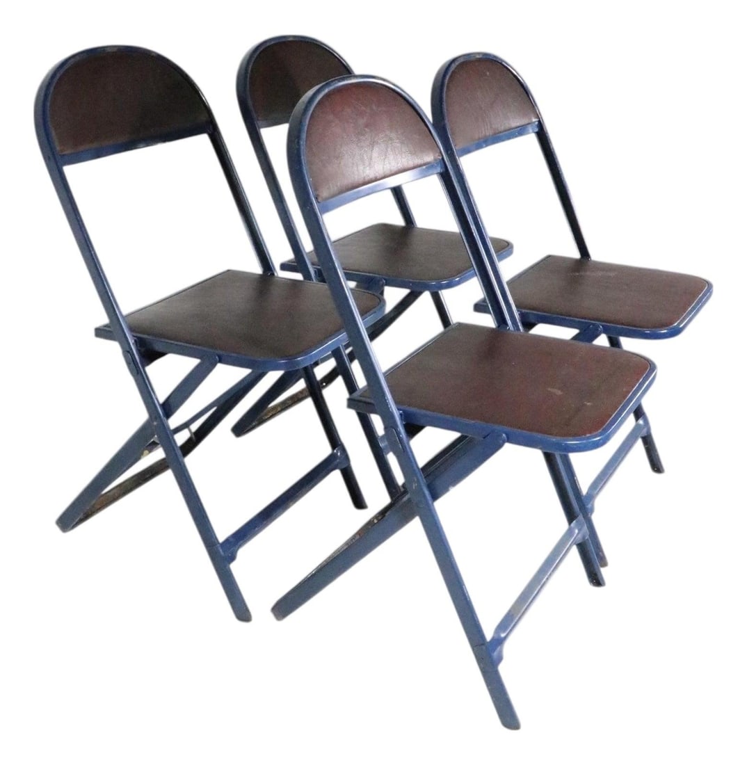 Vintage Cosco Set of 4 Folding Metal Naugahyde Chairs: Vintage Cosco Set of 4 Folding Metal Naugahyde Chairs This stylish set of four folding chairs, crafted by Cosco in the Mid 20th Century, showcases an Industrial Art Deco design. Each chair features a 