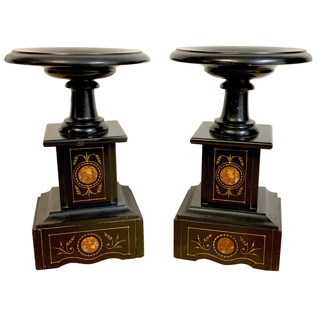 Set of 2 Italian Grand Tour Inlaid Black Marble Tazza Vases 19th Century: Set of 2 Italian Grand Tour Inlaid Black Marble Tazza Vases 19th Century This pair of 19th century Italian Grand Tour tazzas features inlaid black Belgian marble with decorative rose-colored marble an