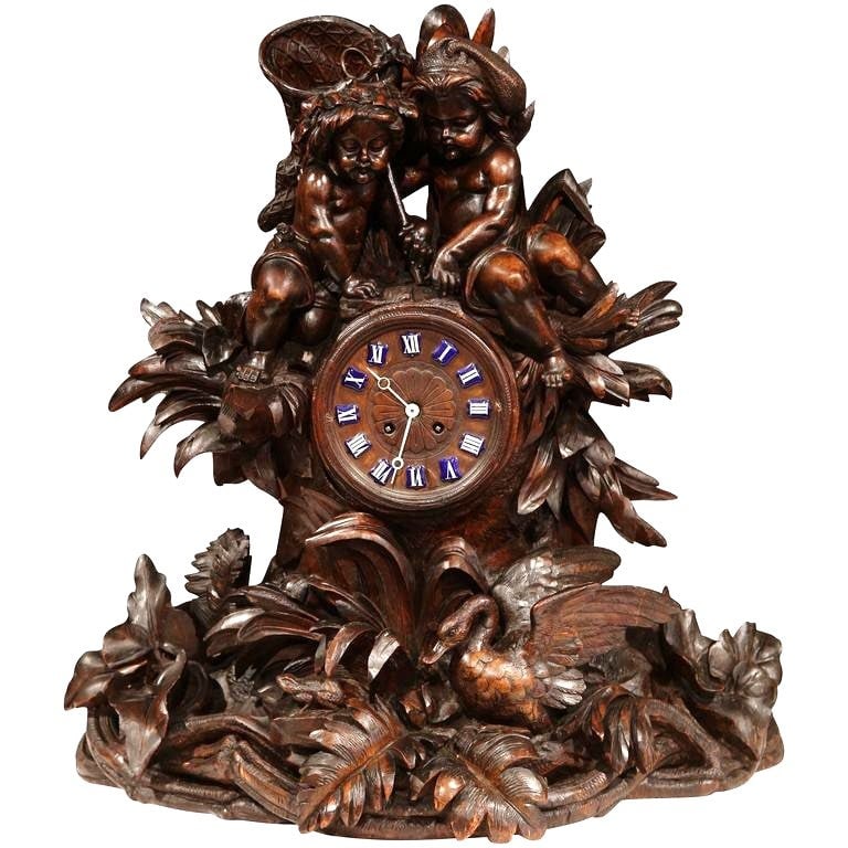 Swiss Black Forest Walnut Mantel Clock with Cherub and Animal Carvings c1860 (1 of 10)