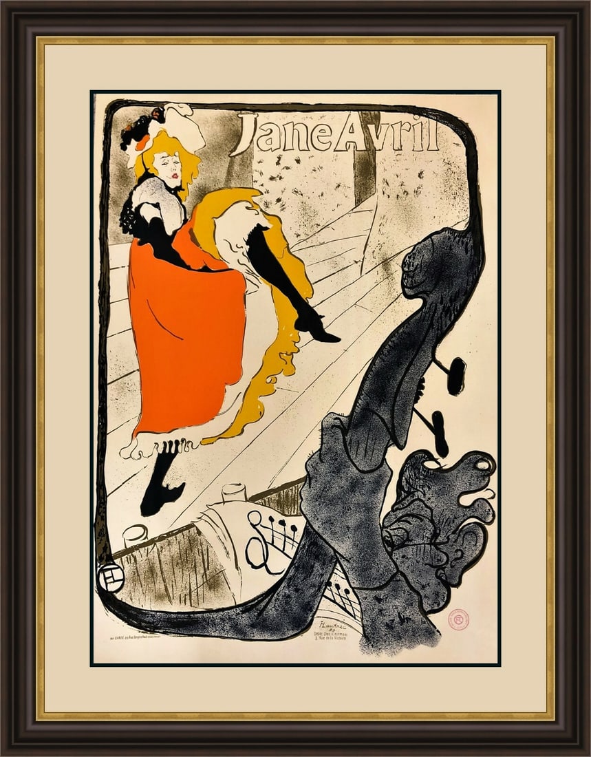 Henri de Toulouse-Lautrec Jane Avril Lithograph Custom Framed Art Print: Henri de Toulouse-Lautrec Jane Avril Lithograph Custom Framed Art Print This exquisite lithograph by Henri de Toulouse-Lautrec features the captivating subject Jane Avril, showcasing the artist's exce