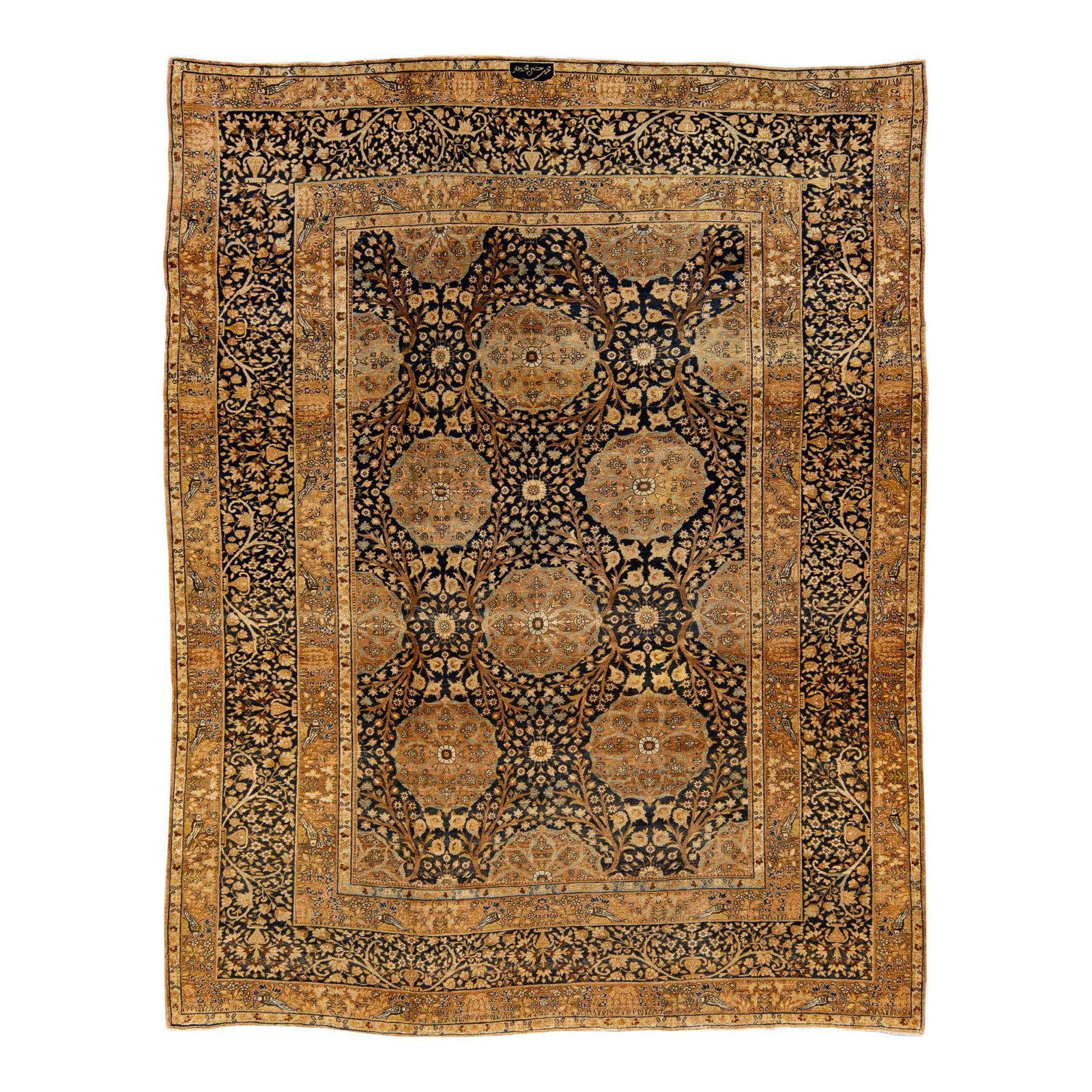 Antique Kerman Handmade Floral Wool Rug 10' x 12'9 Blue Tan: Antique Kerman Handmade Floral Wool Rug 10' x 12'9 Blue Tan Discover the elegance of this antique Kerman hand-knotted rug, featuring a stunning blue field adorned with intricate botanical floral desig