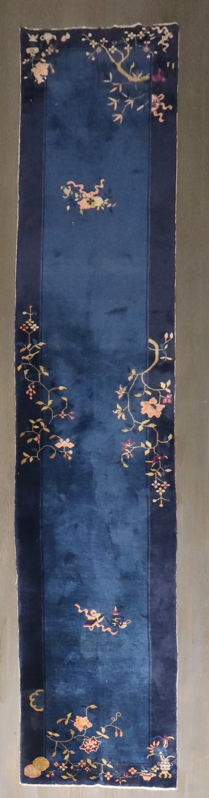 2' 9" x 14' 2" Chinese Art Deco Nichols Runner: 2' 9" x 14' 2" Chinese Art Deco Nichols Runner Early 20th century Nichols Chinese Art Deco runner in a navy colorway. This pre-owned long runner is identified as a rare Chinese Art Deco piece. Specifi