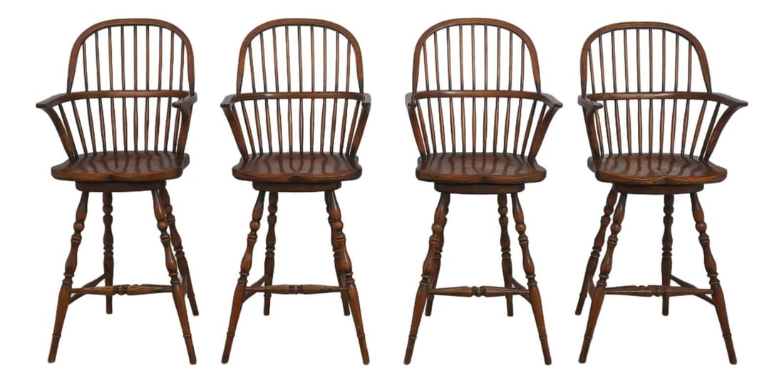 4 Rustic Oak Swivel Bar Stools in English Windsor Style Set of 4 (1 of 10)