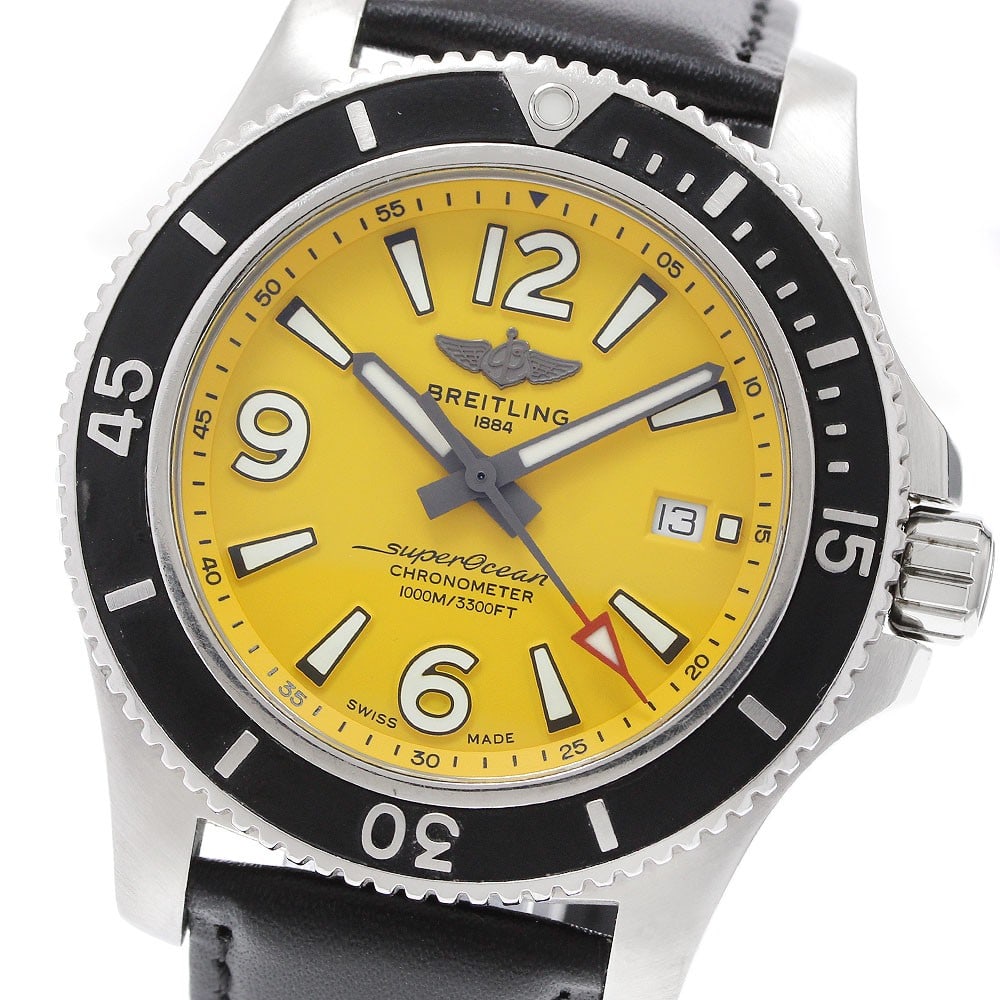 Breitling Superocean A17367 mens automatic watch yellow dial aftermarket strap: Breitling Superocean A17367 mens automatic watch yellow dial aftermarket strap Breitling Superocean Date automatic men's wristwatch with a yellow dial and date display. This Swiss-made watch features 