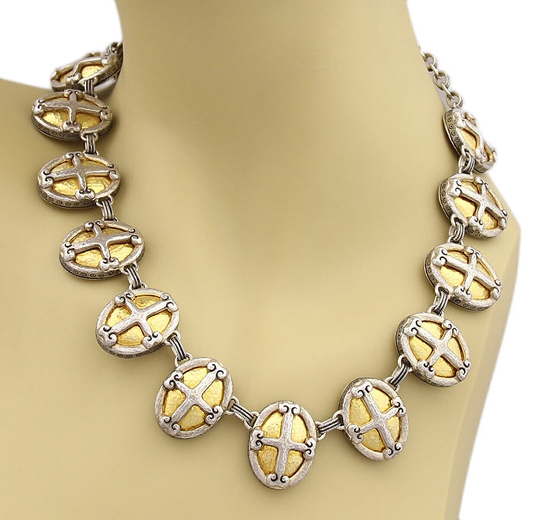 Gurhan Crest Hammered Cross Necklace Sterling Silver 24k Gold Layered 16-18": Gurhan Crest Hammered Cross Necklace Sterling Silver 24k Gold Layered 16-18" Handcrafted hammered cross necklace from the Gurhan Crest collection, made in sterling silver with layered 24k gold accents