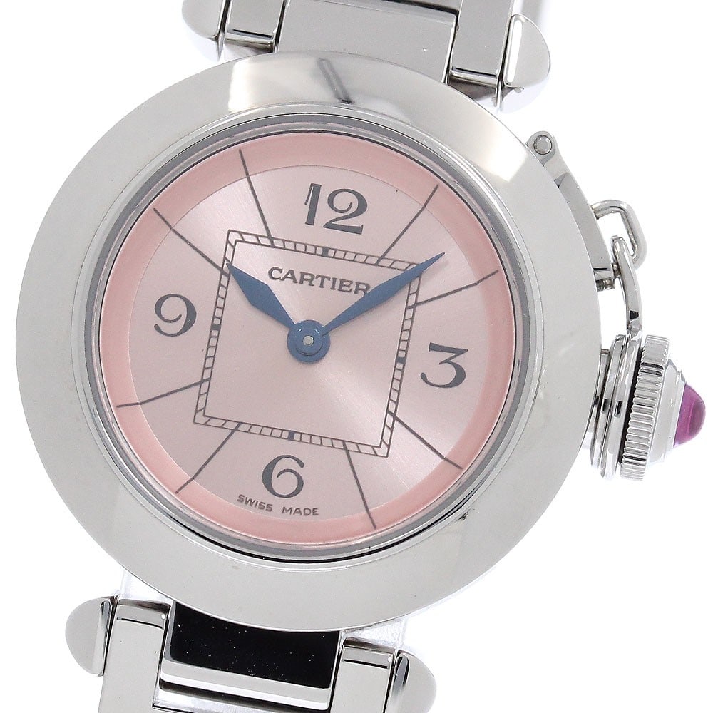 Cartier Miss Pasha ladies quartz wristwatch ref W3140008 pink dial: Cartier Miss Pasha ladies quartz wristwatch ref W3140008 pink dial Cartier Miss Pasha quartz women's wristwatch with a pink dial and stainless steel case and bracelet. The watch presents in very good 