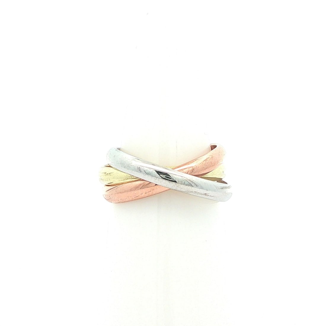 14k Tricolor Gold Rolling Band Ring Size 6: 14k Tricolor Gold Rolling Band Ring Size 6 Solid 14k yellow, rose, and white gold rolling band ring with a plain design. This women's ring features three interlocking bands and has no stone. It is pre