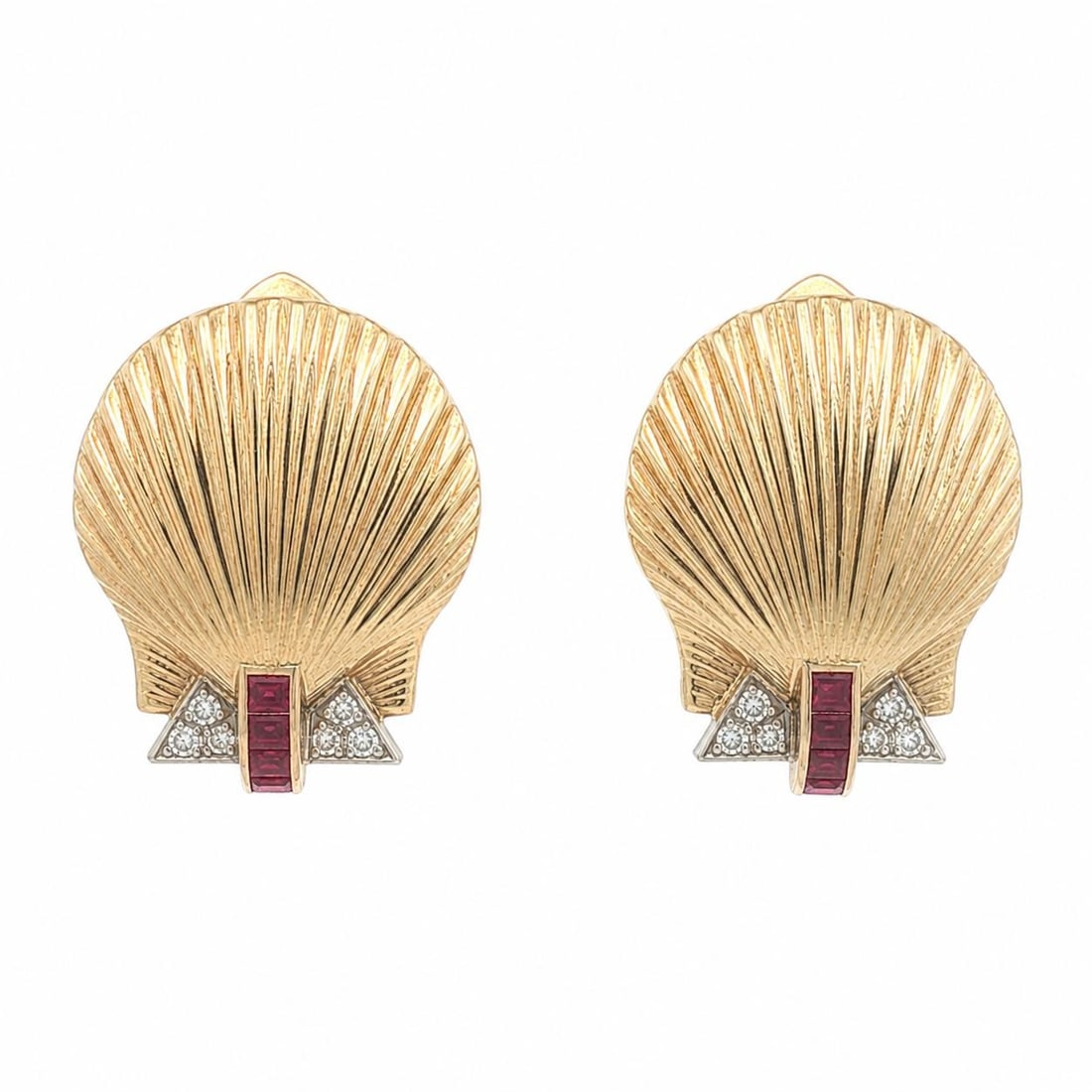 Clip-On Sea Shell Earrings 14K Yellow Gold Palladium Ruby Diamond Vintage (1 of 7)