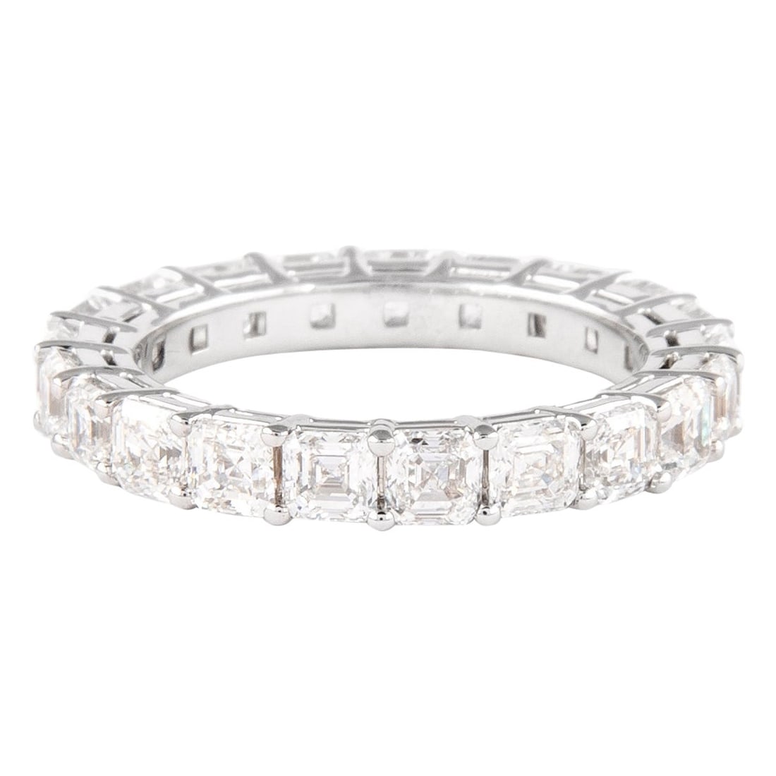 18k White Gold Eternity Ring 3.23ct Asscher Diamond Size 5.75: 18k White Gold Eternity Ring 3.23ct Asscher Diamond Size 5.75 Asscher cut diamond eternity band set with 21 diamonds totaling 3.23 ct. The ring is crafted in 18k white gold and features D-F color, VVS