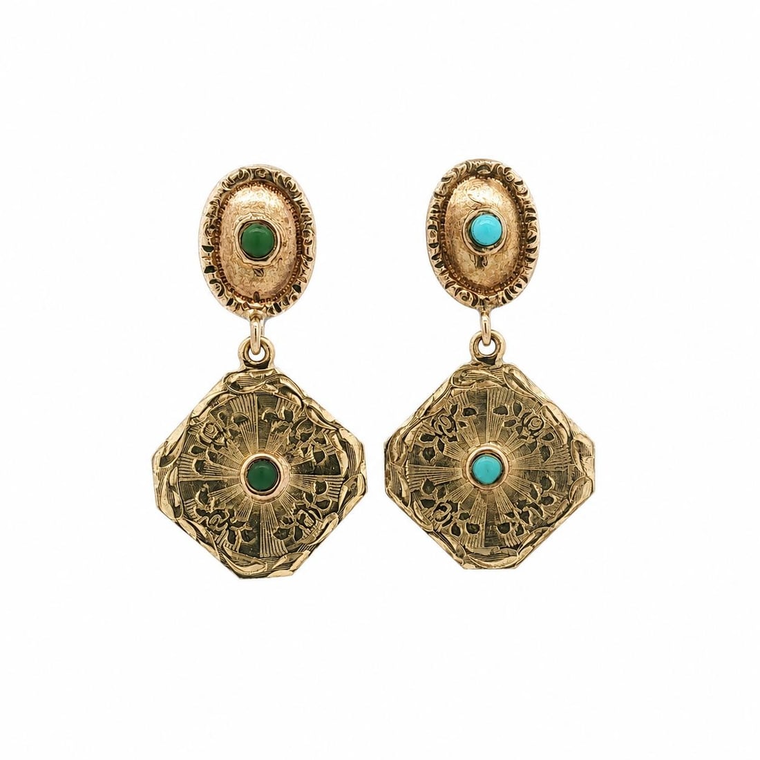 Antique Yellow Gold Turquoise Cabochon Dangle Earrings: Antique Yellow Gold Turquoise Cabochon Dangle Earrings Antique dangle/drop earrings featuring four natural genuine turquoise cabochons in green and blue tones. Crafted in solid yellow gold with repous