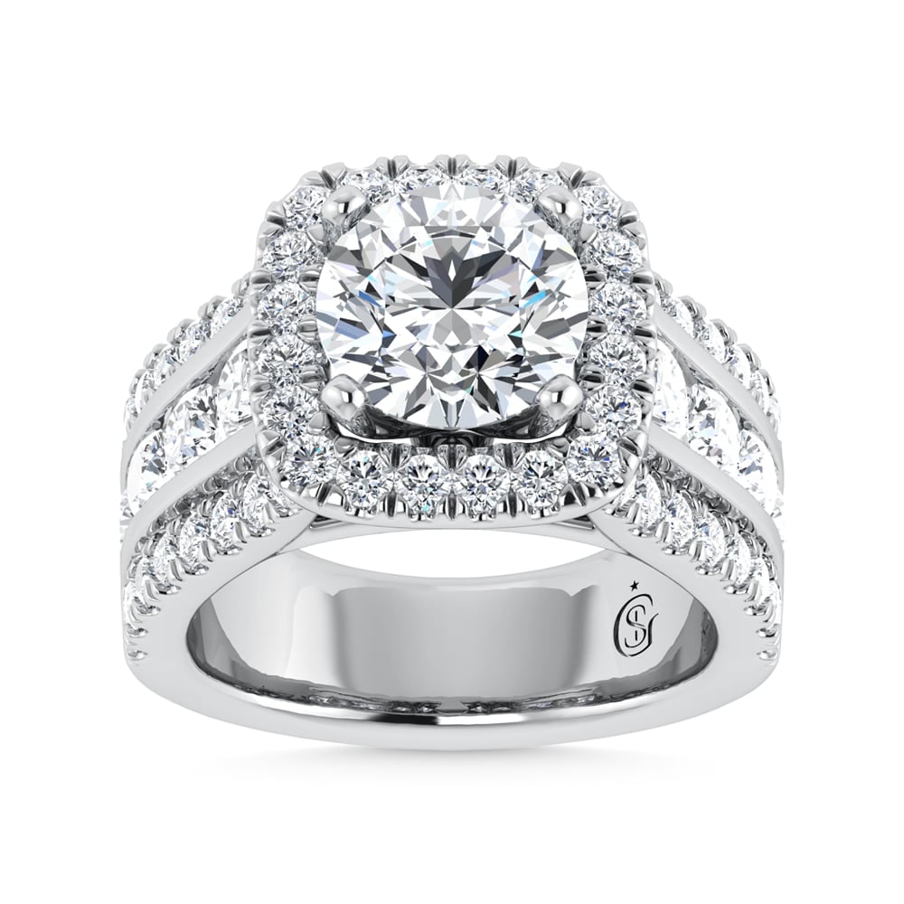 14K White Gold Lab Grown Diamond 5 1/2 ct.tw. Round Shape Engagement Ring (IGI Certified Center 3ct): 14K White Gold Lab Grown Diamond 5 1/2 ct.tw. Round Shape Engagement Ring (IGI Certified Center 3ct) 14k White Gold Stone Color: D-f Stone Clarity: Vs Each ring is presented in standard size 6.5.