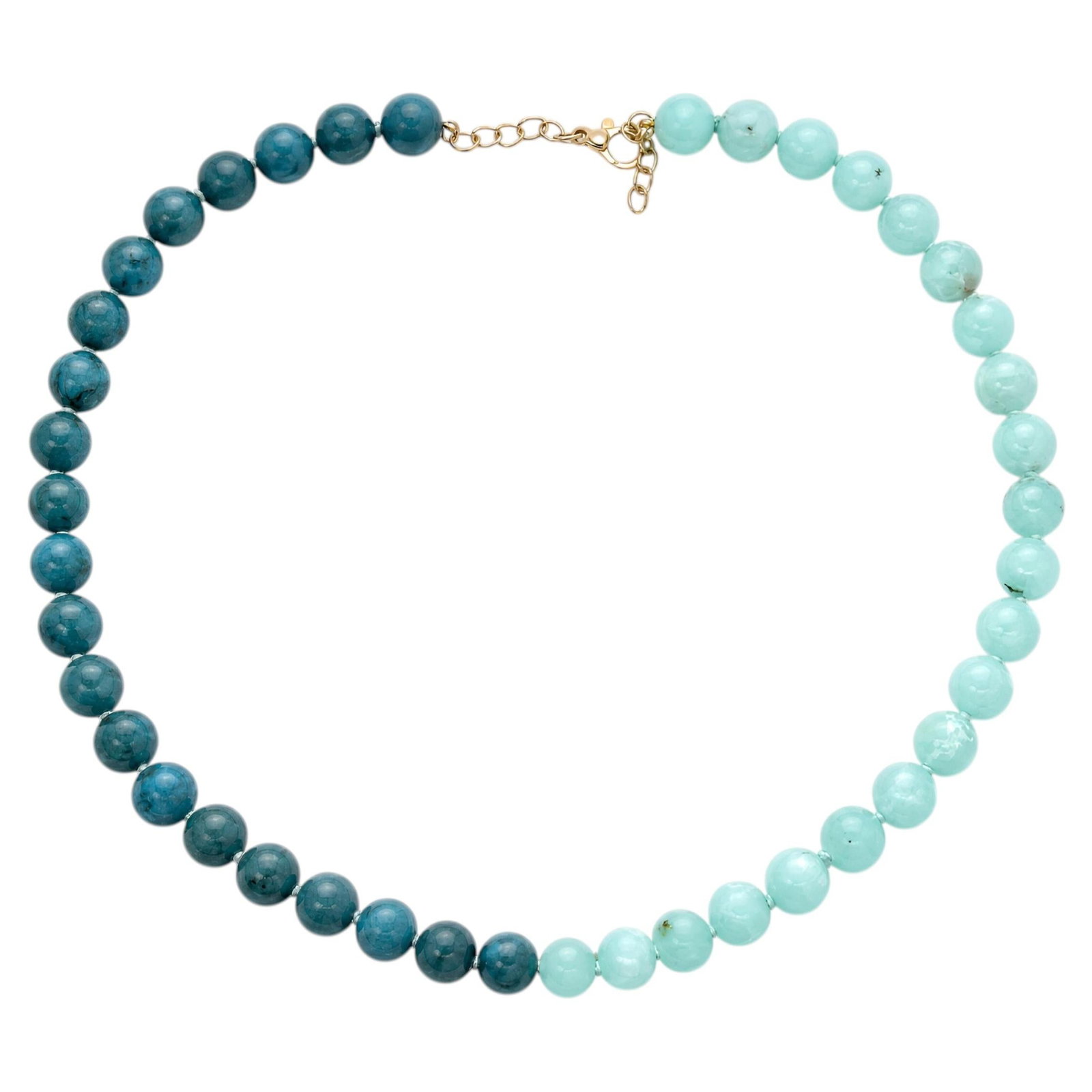 14k Yellow Gold Chrysoprase and Turquoise Bead Necklace 17.5": 14k Yellow Gold Chrysoprase and Turquoise Bead Necklace 17.5" Contemporary beaded gemstone necklace featuring natural turquoise on one side and fine-quality chrysoprase on the other for a distinctive 