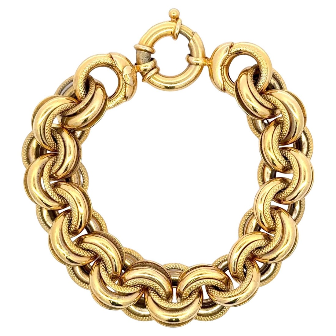 Italian 14K Yellow Gold Link Bracelet Textured High Polish 27.3 Grams: Italian 14K Yellow Gold Link Bracelet Textured High Polish 27.3 Grams Italian-made contemporary link bracelet crafted in 14k yellow gold with a multi-layer design featuring textured and high polished 