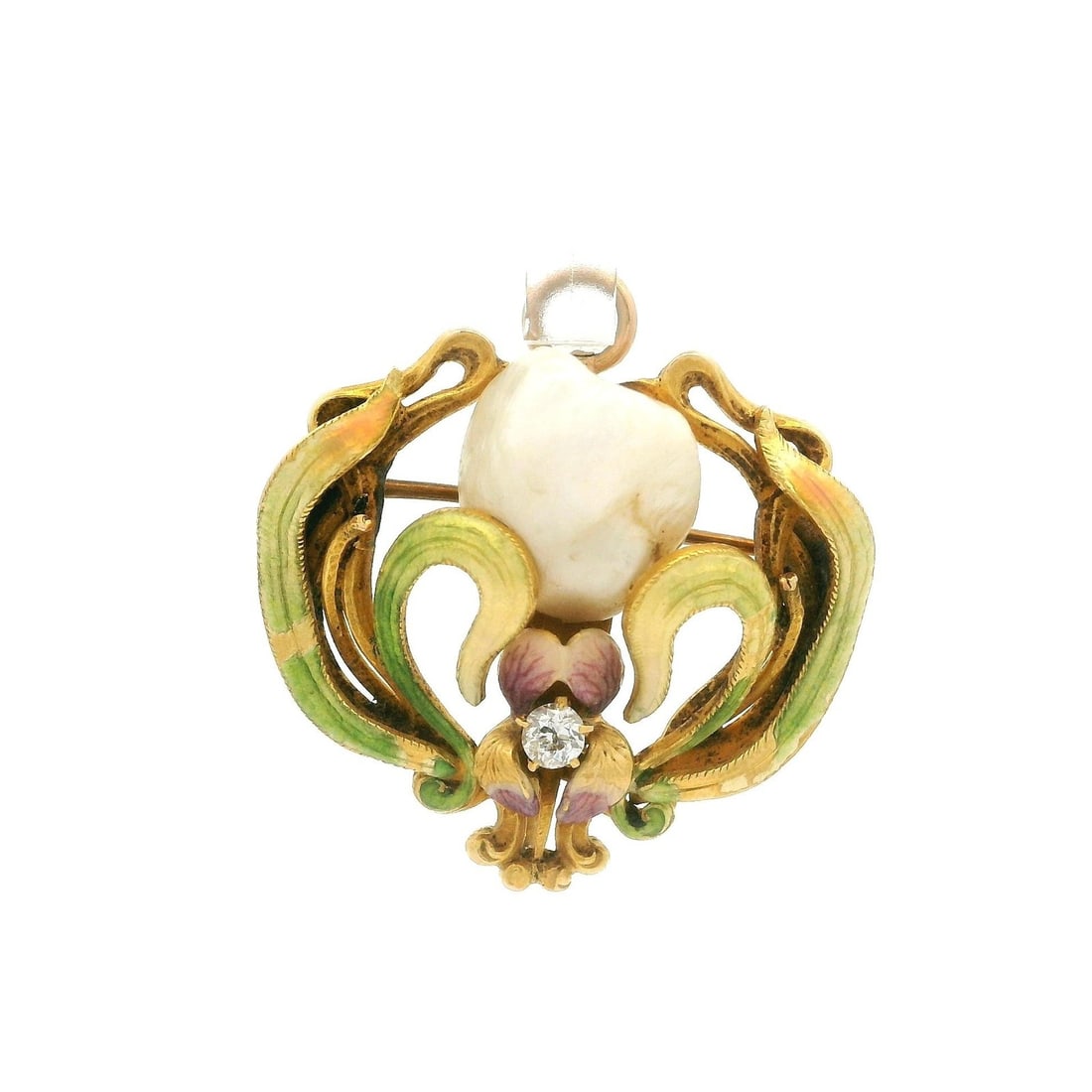 Antique Art Nouveau 14k Yellow Gold Pearl Diamond Floral Pendant Brooch: Antique Art Nouveau 14k Yellow Gold Pearl Diamond Floral Pendant Brooch This exquisite Antique Art Nouveau brooch pendant showcases a stunning floral design crafted from solid 14k yellow gold. The pie