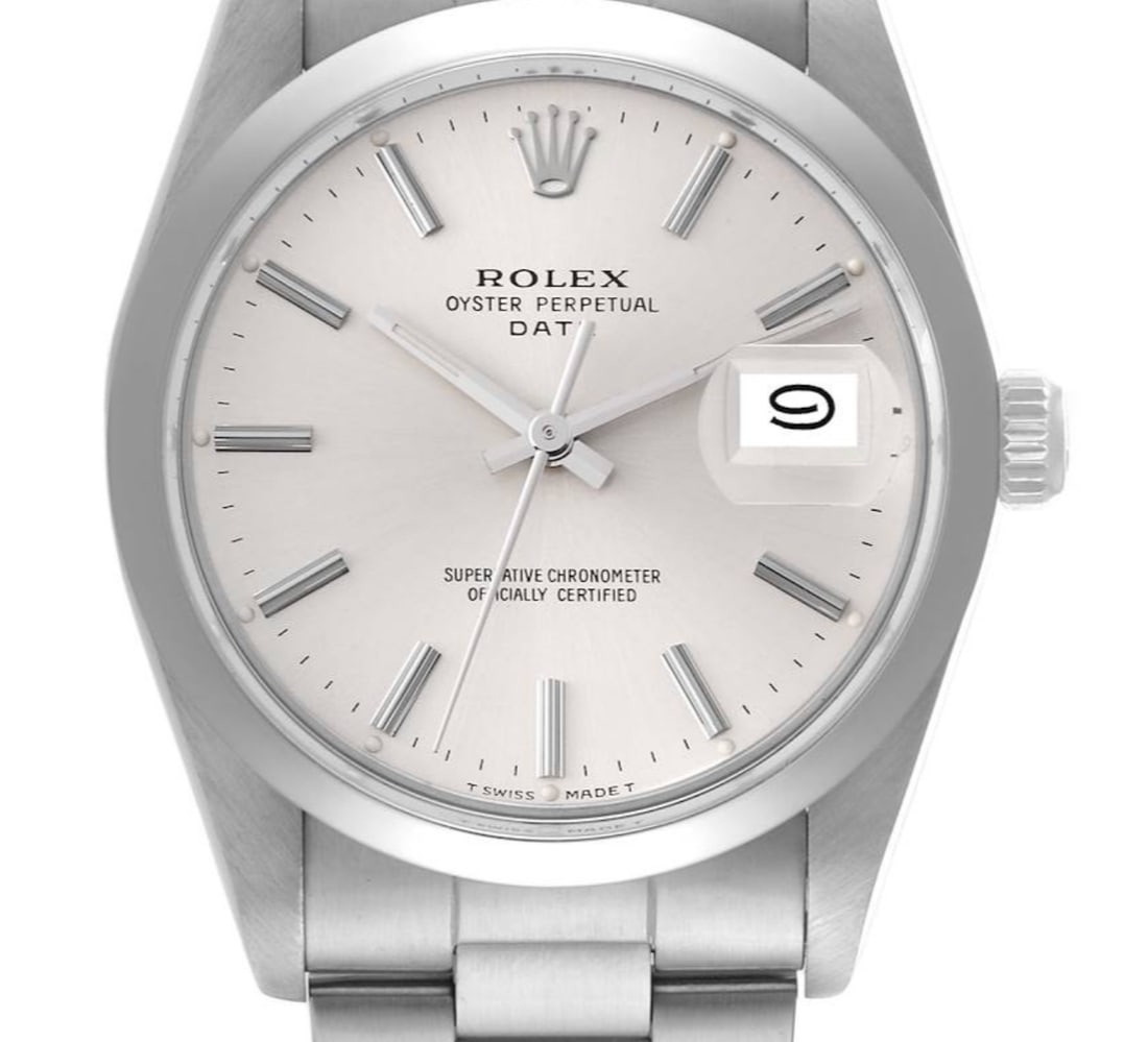 Rolex Oyster Perpetual Ref 15000 Mens Watch Silver Stick Dial: Rolex Oyster Perpetual Ref 15000 Mens Watch Silver Stick Dial Rolex Oyster Perpetual wristwatch featuring a silver stick dial with spots, a smooth bezel, and an Oyster bracelet. This men's watch is id