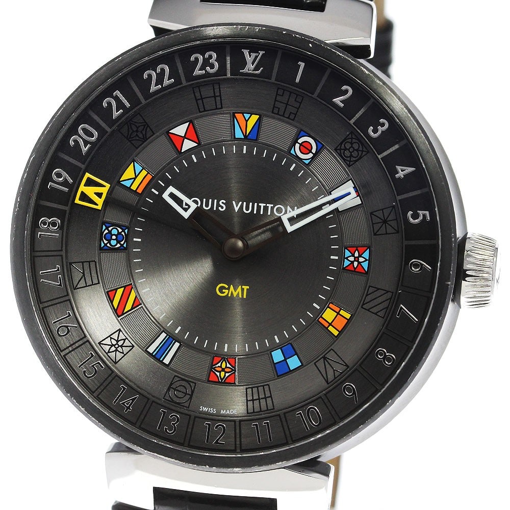 Louis Vuitton Tambour Moon Dual Time QA097 Mens GMT Quartz Wristwatch: Louis Vuitton Tambour Moon Dual Time QA097 Mens GMT Quartz Wristwatch Louis Vuitton Tambour Moon Dual Time men's wristwatch with a quartz movement and GMT function. This Swiss-made watch features a gr