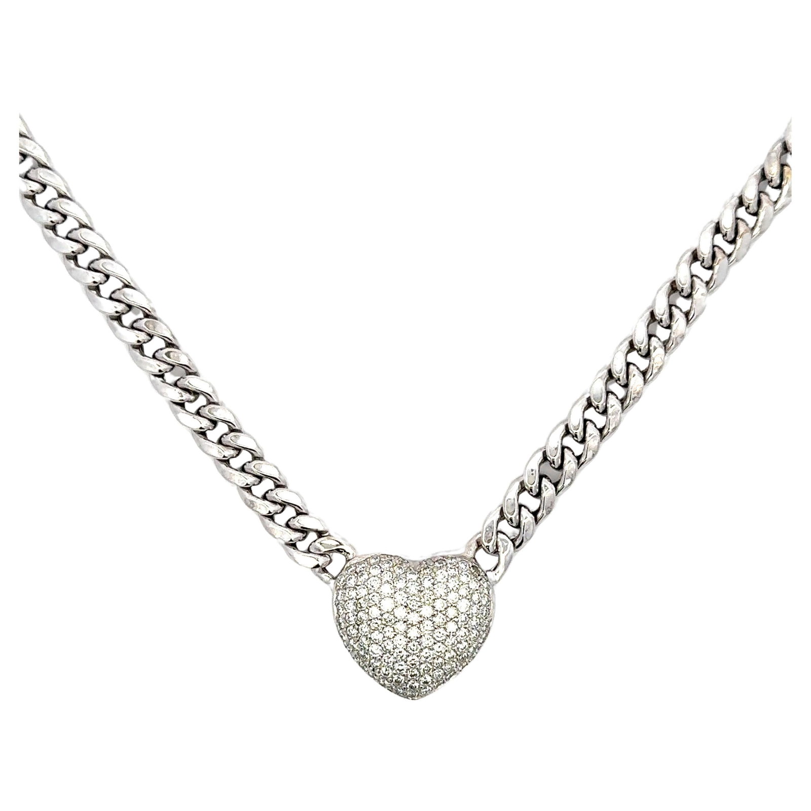 14K White Gold Cuban Chain Necklace with Pave Diamond Puffed Heart 2.30 CTS: 14K White Gold Cuban Chain Necklace with Pave Diamond Puffed Heart 2.30 CTS Contemporary puffed heart pendant necklace in 14k white gold, featuring a pave-set diamond heart on a Cuban link chain. The 