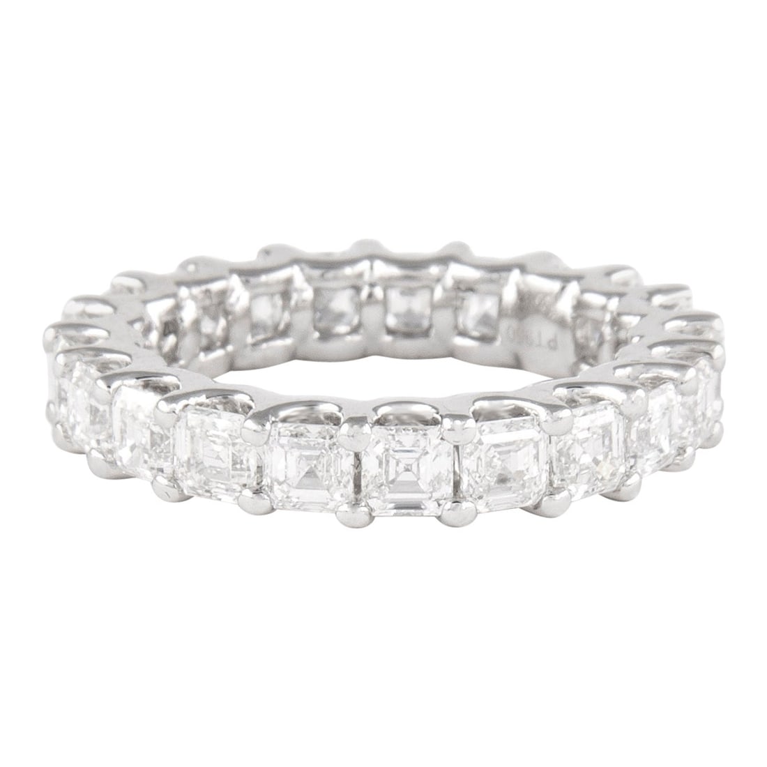 18k White Gold Asscher Cut Diamond Eternity Ring 5.86ct: 18k White Gold Asscher Cut Diamond Eternity Ring 5.86ct Asscher cut diamond eternity band set with 19 diamonds totaling 5.86 ct. The diamonds are graded D/E color and VVS clarity, and the ring is craf