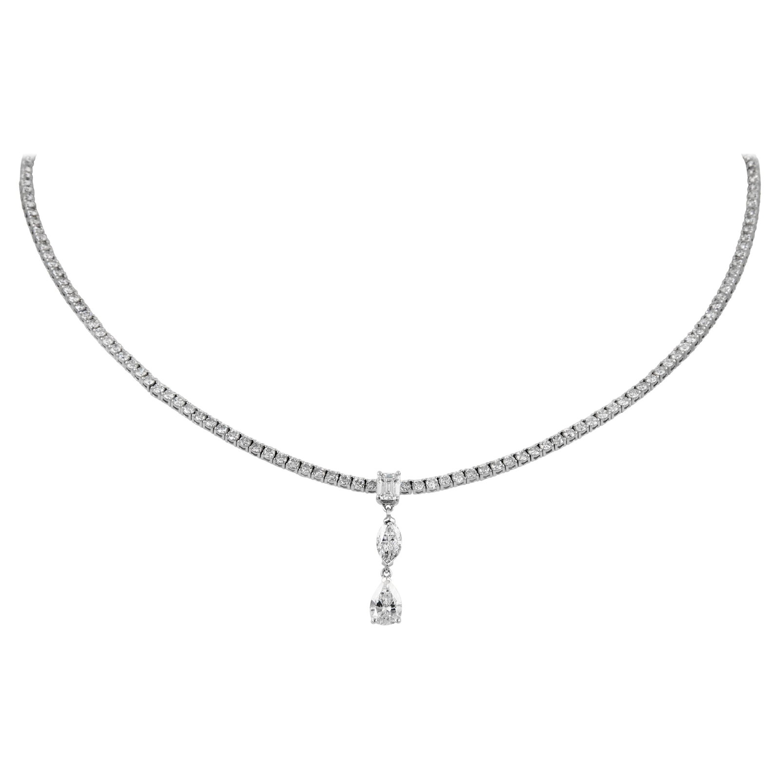 8.30ct Diamond Necklace in 18k White Gold: 8.30ct Diamond Necklace in 18k White Gold Contemporary diamond tennis necklace in 18k white gold, set with 176 natural diamonds including round brilliant, pear brilliant, marquise brilliant, and emera