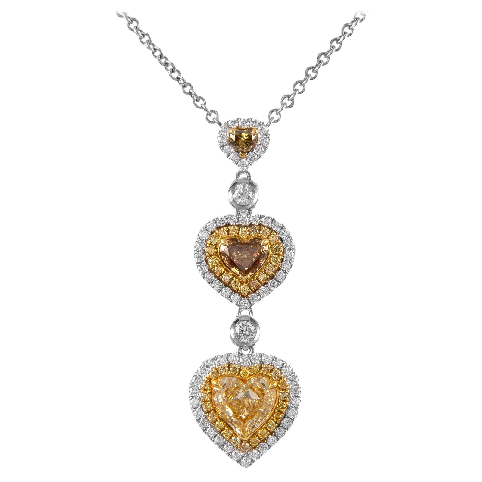 Heart Cut Fancy Color Diamond Necklace 18k Gold 16 in: Heart Cut Fancy Color Diamond Necklace 18k Gold 16 in Contemporary fancy color diamond drop necklace featuring a heart-shaped pendant with three heart-cut diamonds in Fancy Yellow to Fancy Brown, acce